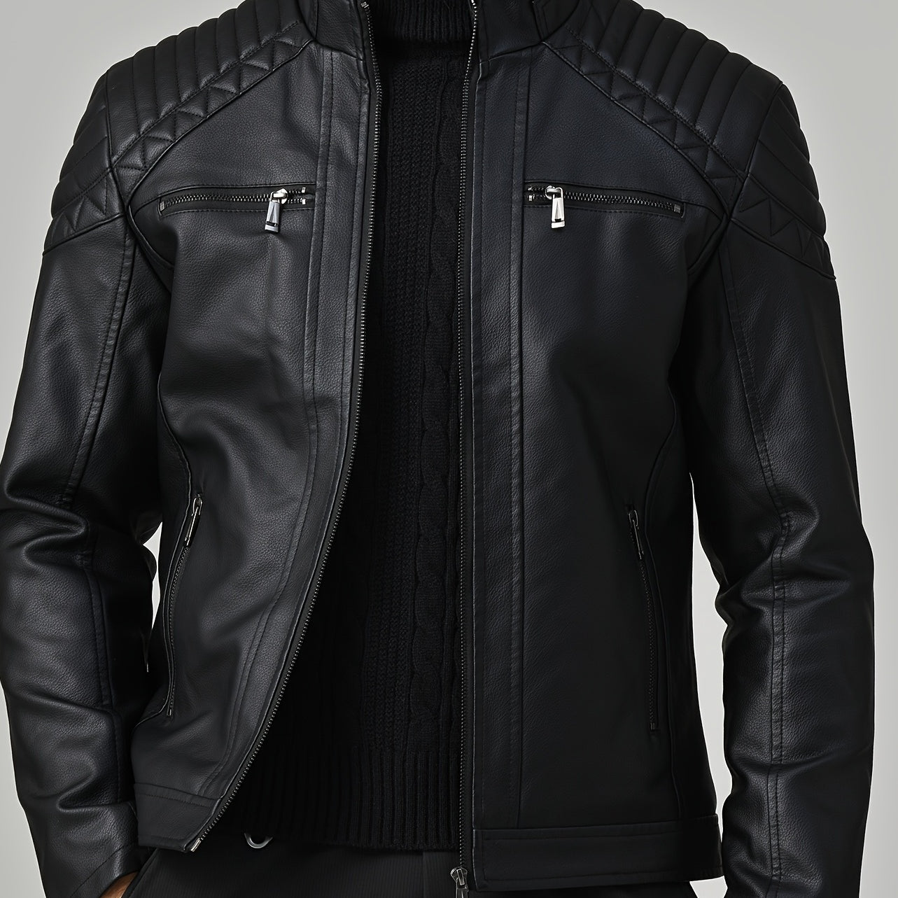 Men’s Leather Fleece Jacket – Stand Collar Biker Design for Autumn & Winter