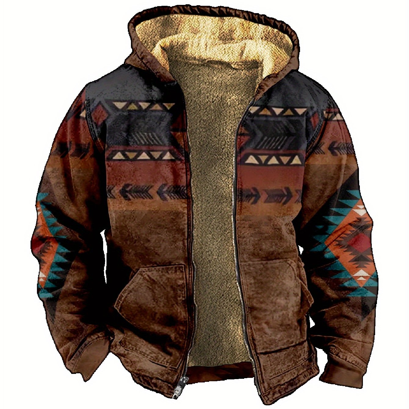 Men’s Bohemian Print Fleece-Lined Hoodie Set – Vintage Ethnic Style Autumn/Winter Outfit