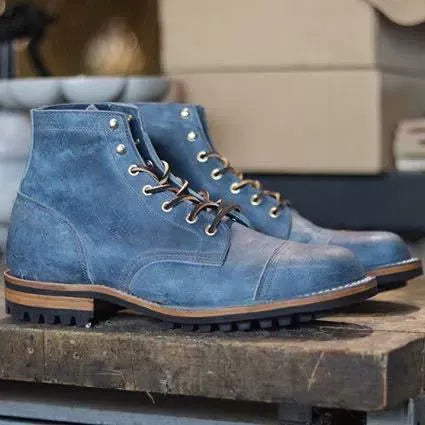 Men’s Leather Look Ankle Boots – Lace-Up Cap Toe Boots with Non-Slip Rubber Sole