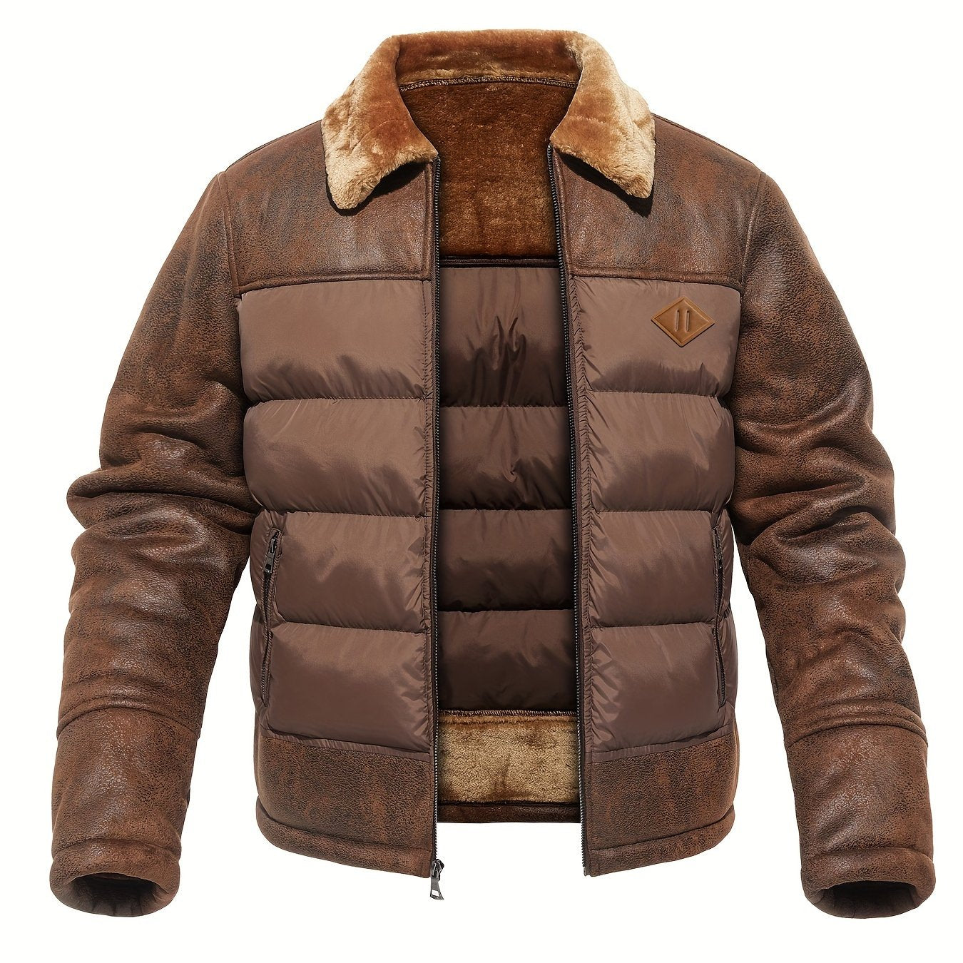 Men’s Casual Puffer Jacket with Faux Fur Collar – Warm Solid Color Zip-Up Coat