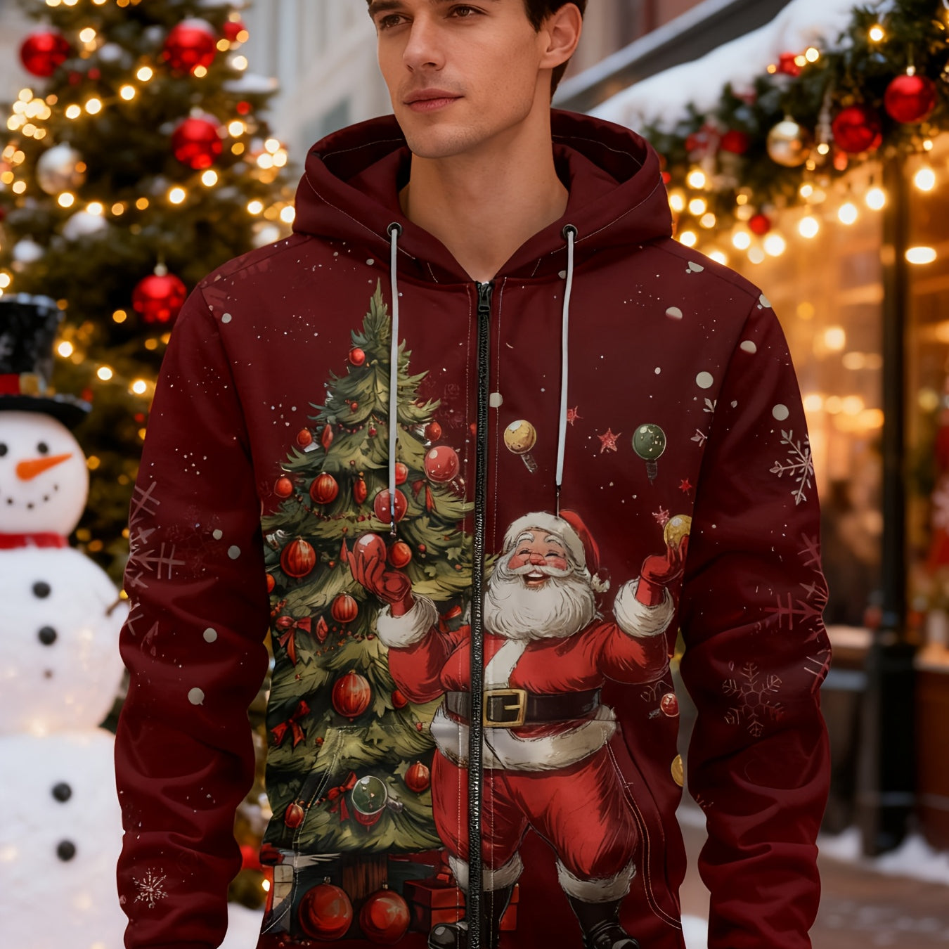 Men Fashionable Casual Hoodie with Zipper and Pockets Santa Print Christmas