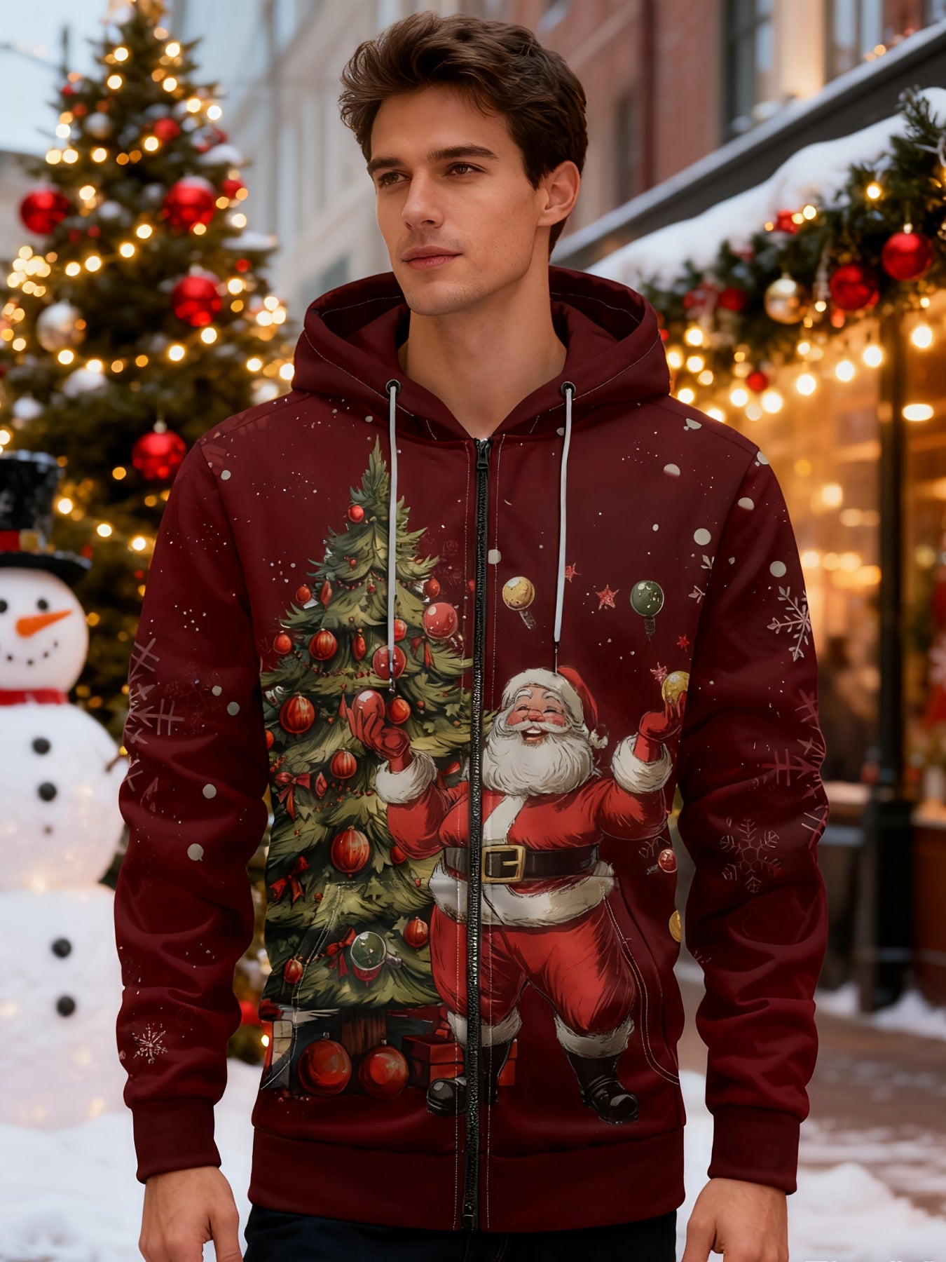 Men Fashionable Casual Hoodie with Zipper and Pockets Santa Print Christmas