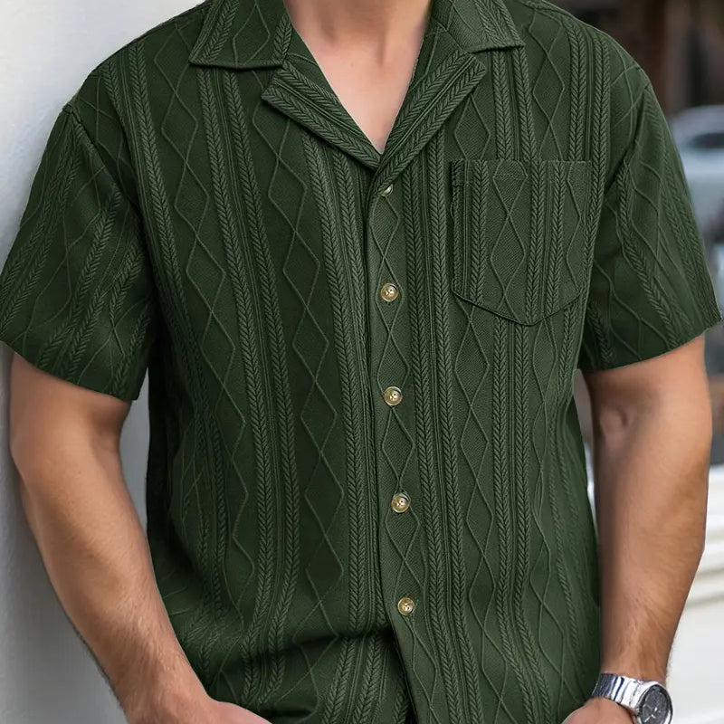Solorfit | Men's Casual Green Short-Sleeve Shirt – Diamond Pattern, Lightweight Summer Shirt for Adults, Casual Styl