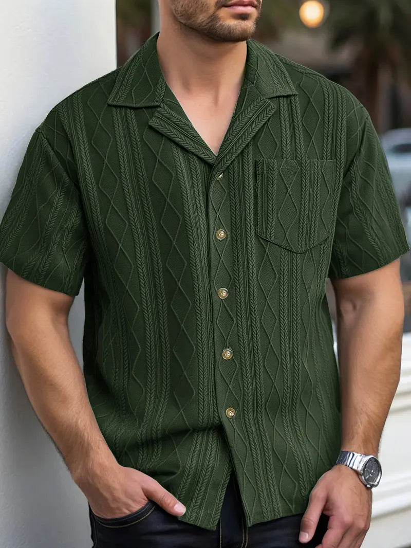 Solorfit | Men's Casual Green Short-Sleeve Shirt – Diamond Pattern, Lightweight Summer Shirt for Adults, Casual Styl
