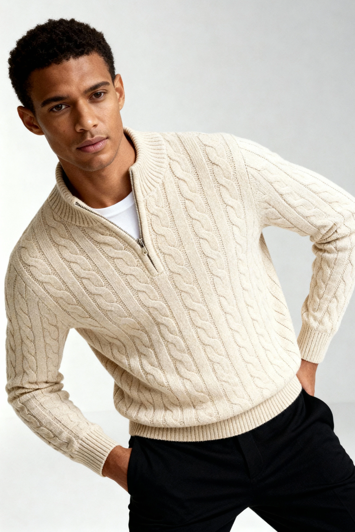 Harbour Men Quarter-Zip Up Sweater - Beige