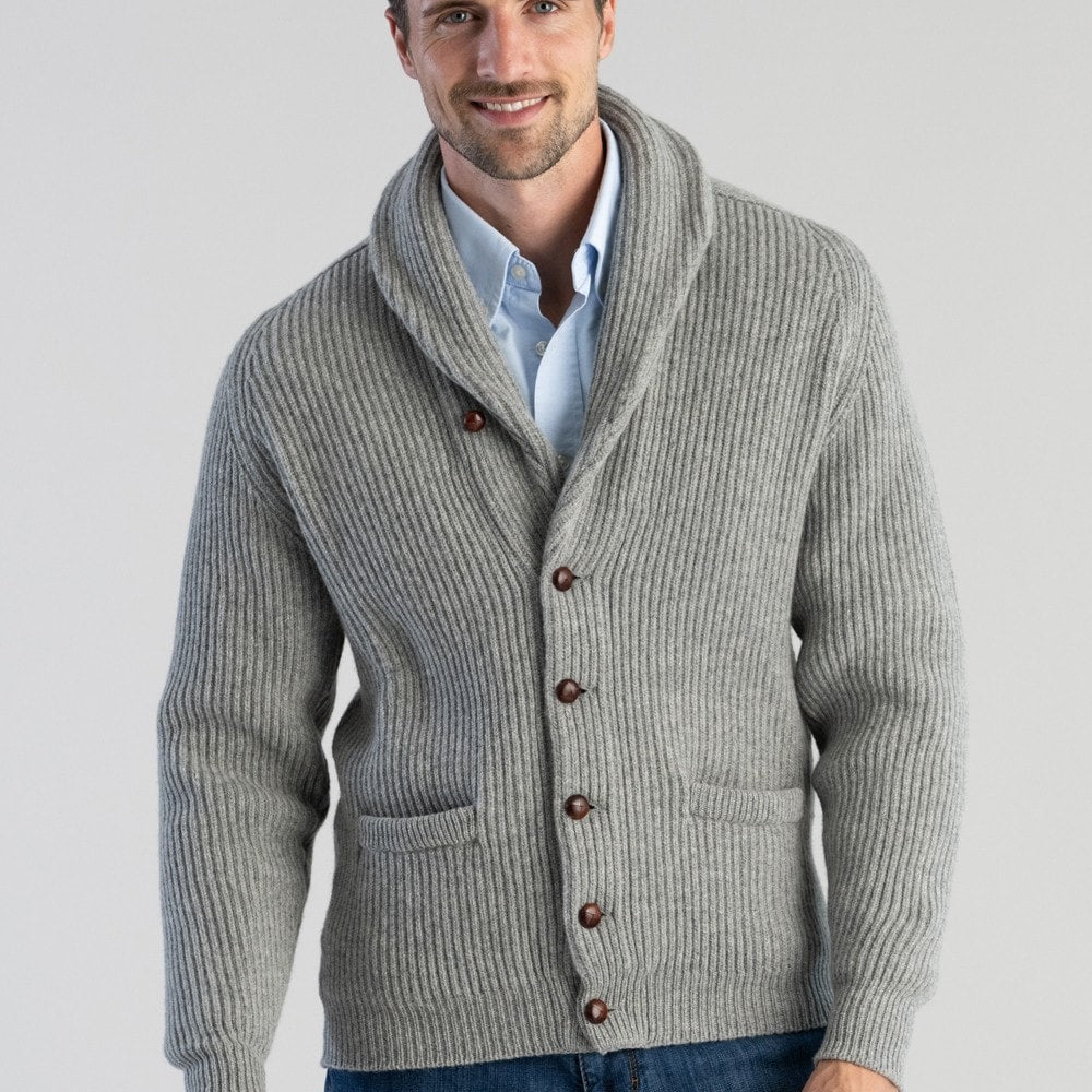 Men’s Lambswool Shawl Collar Jacket – Classic Knit Cardigan Style - Solorfit