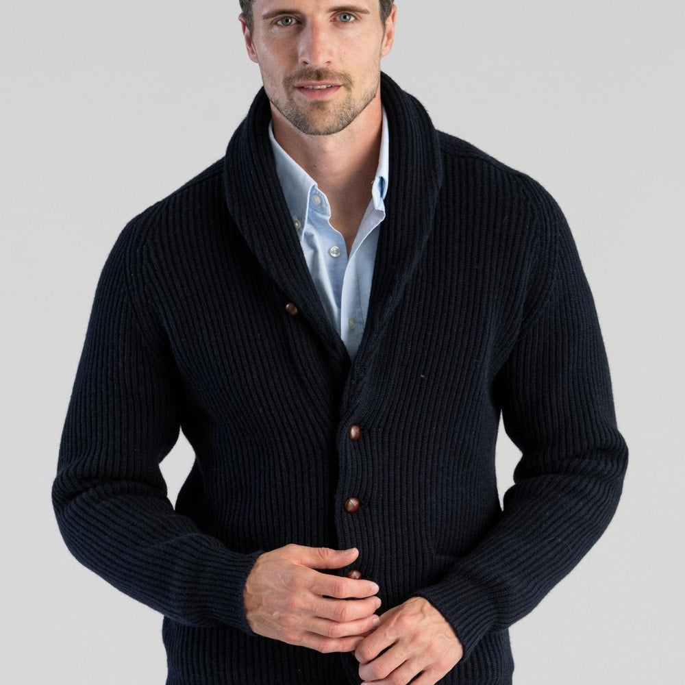 Men’s Lambswool Shawl Collar Jacket – Classic Knit Cardigan Style - Solorfit