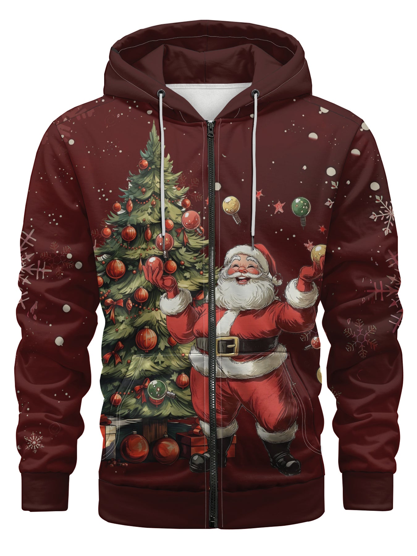 Men Fashionable Casual Hoodie with Zipper and Pockets Santa Print Christmas