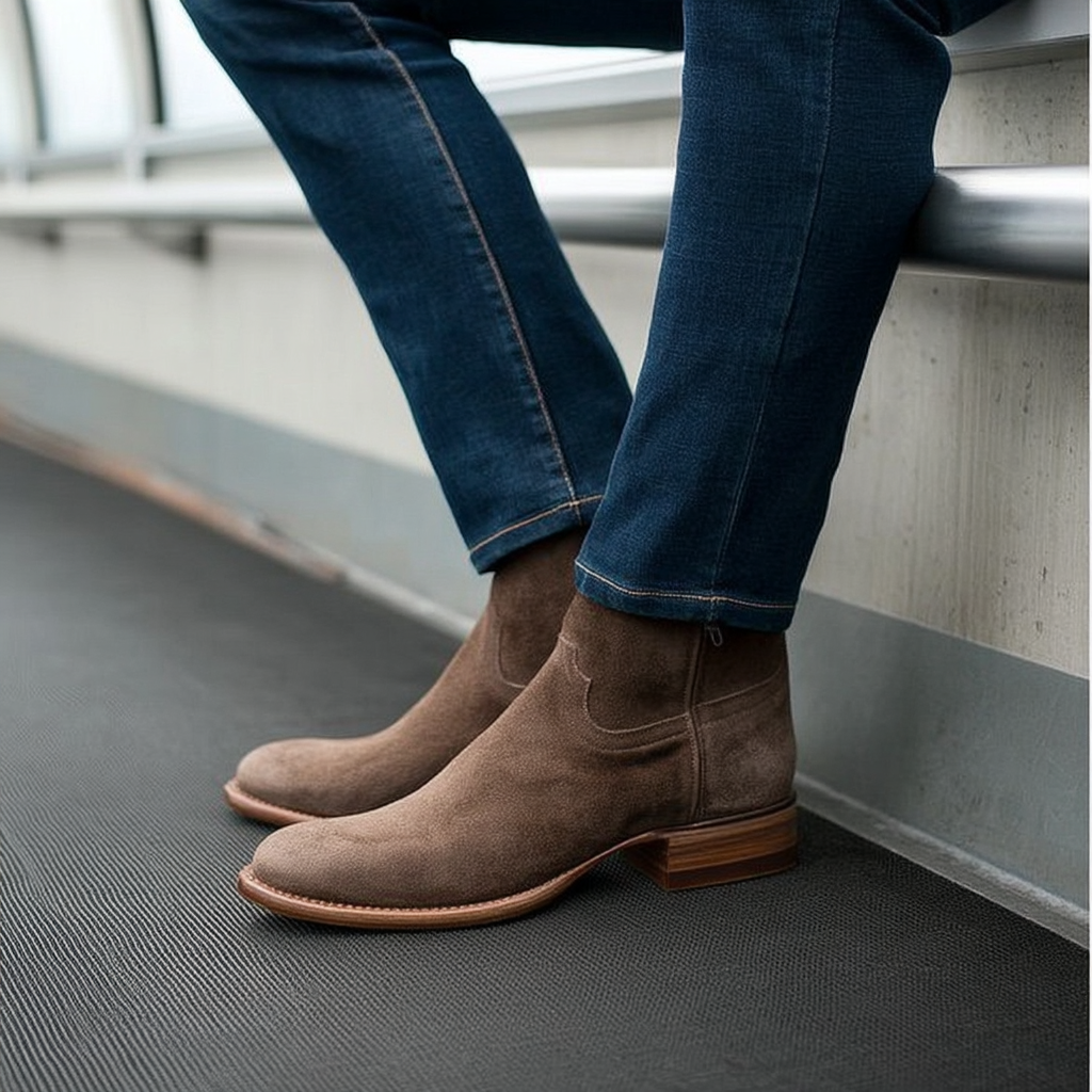 Beige Suede Bastrop Slip On Zipper Western Cowboy Italian Boots