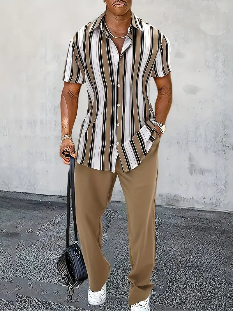 Men’s Geometric Summer Outfit Set – Short Sleeve Lapel Shirt & Matching Shorts