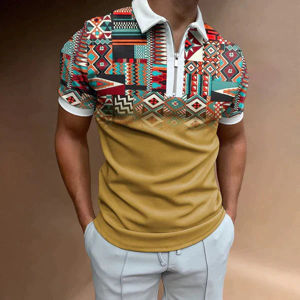 Men’s Polo Shirt – Slim Fit – Short Sleeve – Zip Closure – Retro Style Stripes