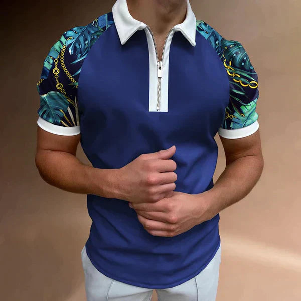 Men’s Polo Shirt – Slim Fit – Short Sleeve – Zip Closure – Retro Style Stripes