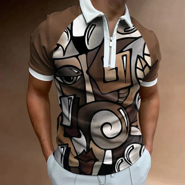 Men’s Polo Shirt – Slim Fit – Short Sleeve – Zip Closure – Retro Style Stripes