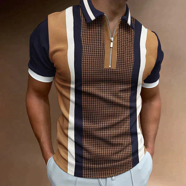 Men’s Polo Shirt – Slim Fit – Short Sleeve – Zip Closure – Retro Style Stripes