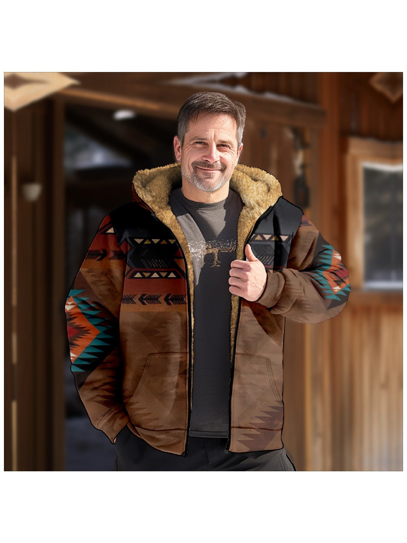 Men’s Bohemian Print Fleece-Lined Hoodie Set – Vintage Ethnic Style Autumn/Winter Outfit