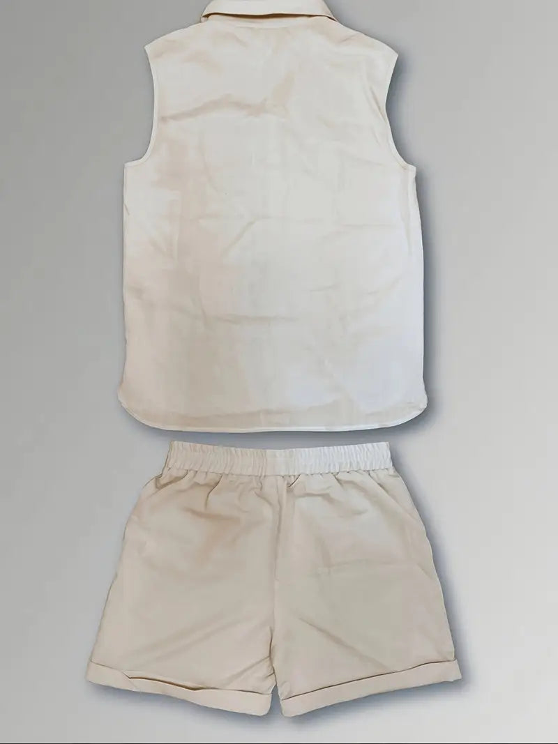 Solorfit | 2pcs Men’s Chic Sleeveless Summer Casual Set – Collared Shirt & Shorts with Pockets - Solorfit