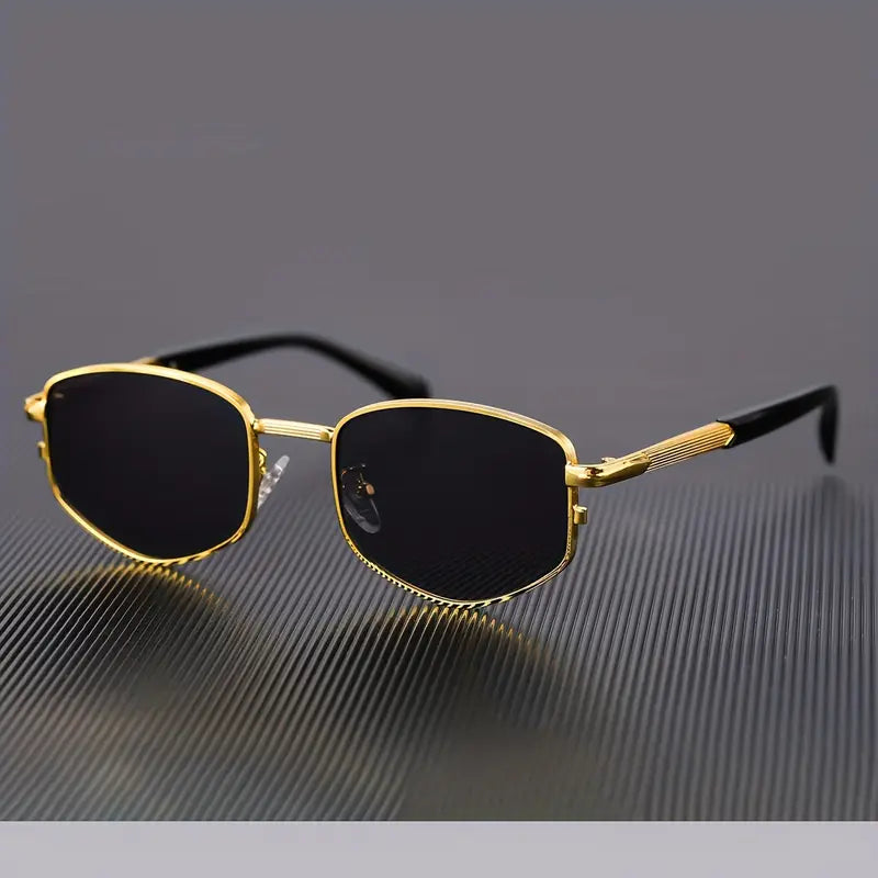 Retro Square Metal Frame Glasses – Black Lenses with Golden Accents, Zinc Alloy Vintage Eyewear