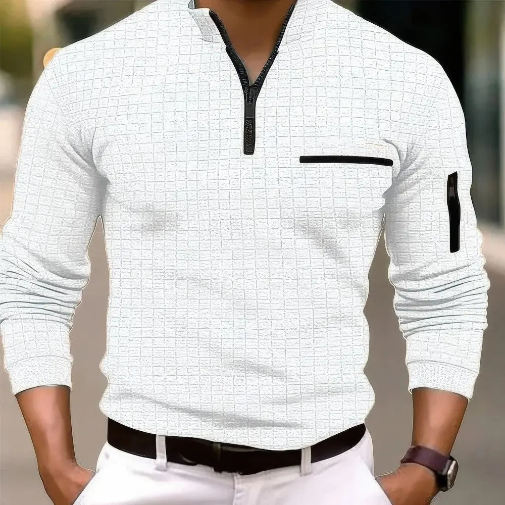 Men's Casual Cotton Long Sleeve Polo Shirt Pocket Zipper - Solorfit