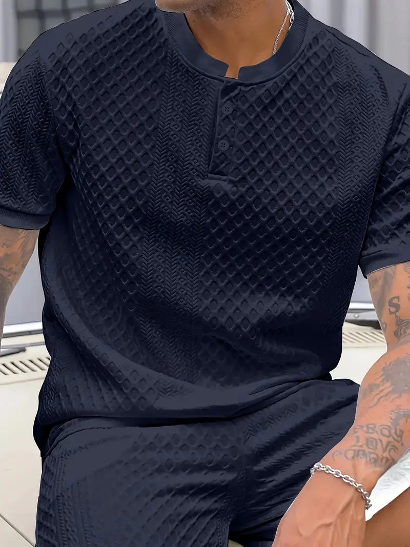 Men’s Stylish Henley T-Shirt – Premium Solid Color with Subtle Pattern Comfort - Solorfit