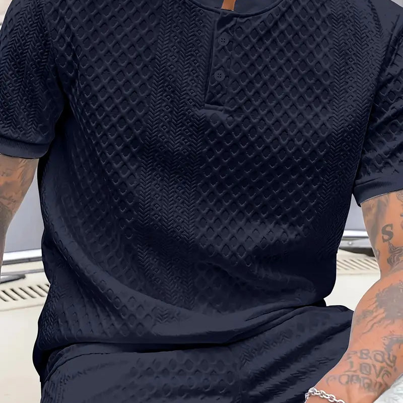 Men’s Stylish Henley T-Shirt – Premium Solid Color with Subtle Pattern Comfort - Solorfit