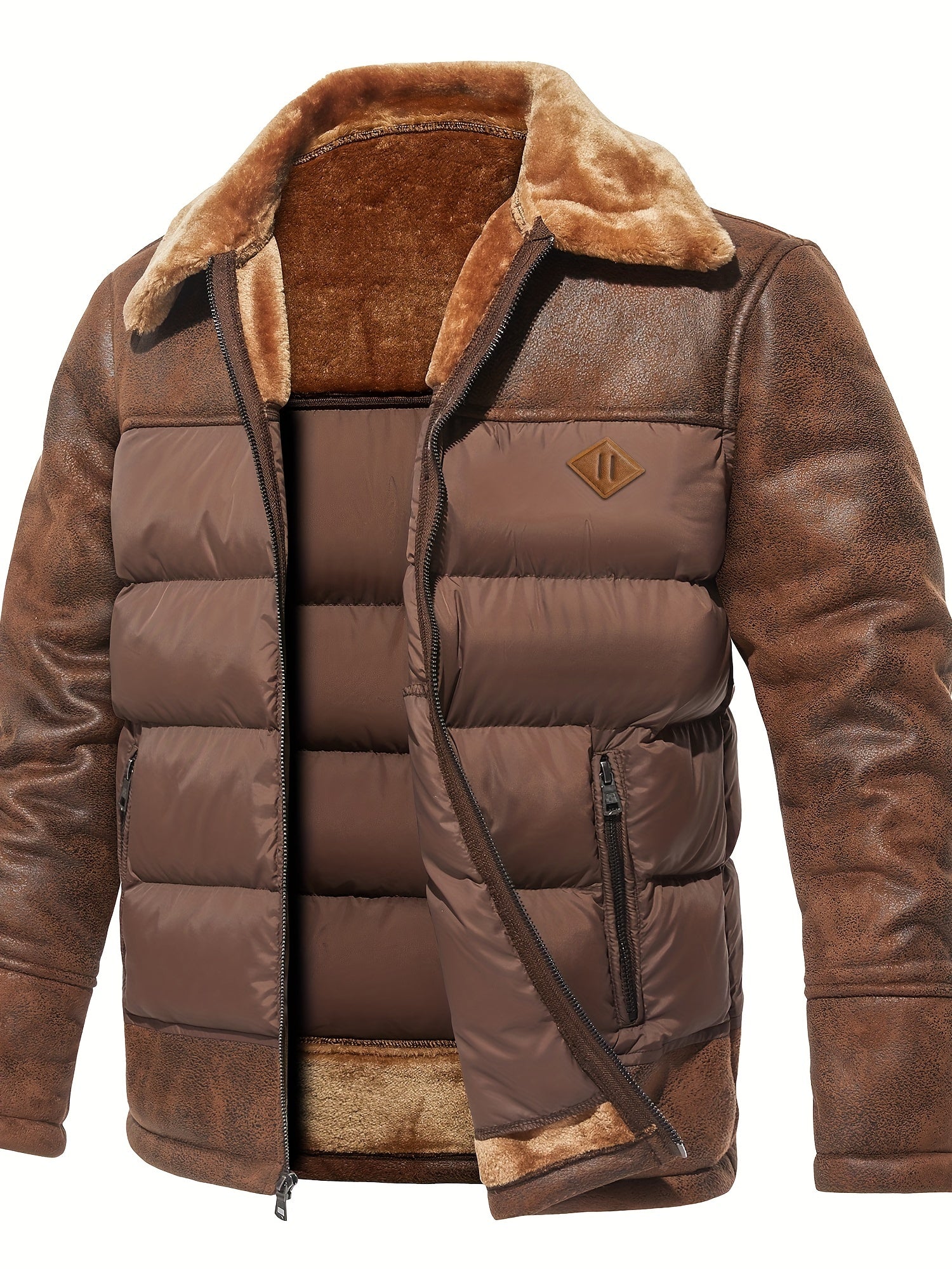 Men’s Casual Puffer Jacket with Faux Fur Collar – Warm Solid Color Zip-Up Coat