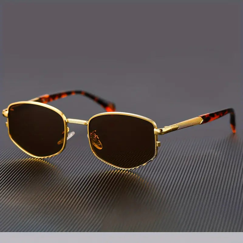 Retro Square Metal Frame Glasses – Black Lenses with Golden Accents, Zinc Alloy Vintage Eyewear