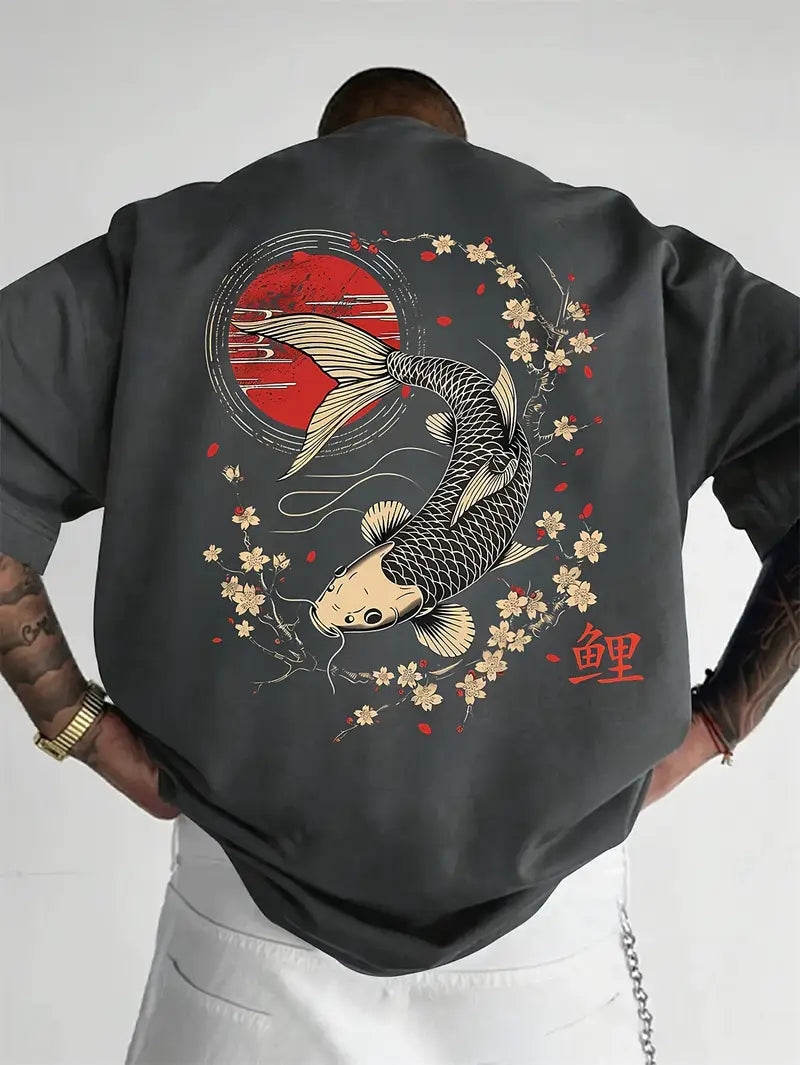 Men's Casual Koi & Cherry Blossom T-Shirt – Loose Fit Summer Top with Glossy Finish