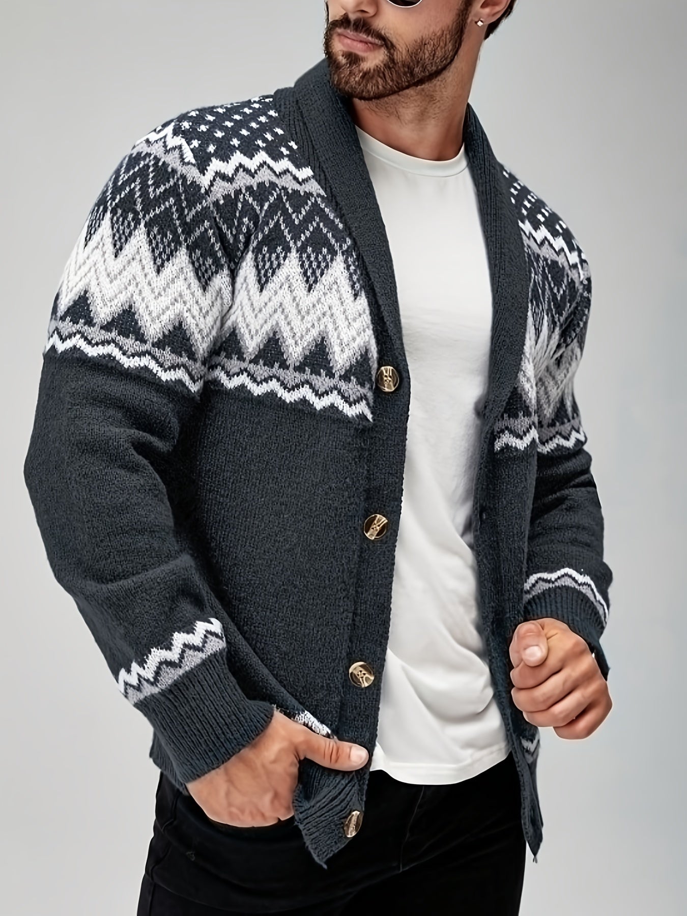 Men’s Geometric Pattern Cardigan – Button-Up Knit Sweater for Fall & Winter