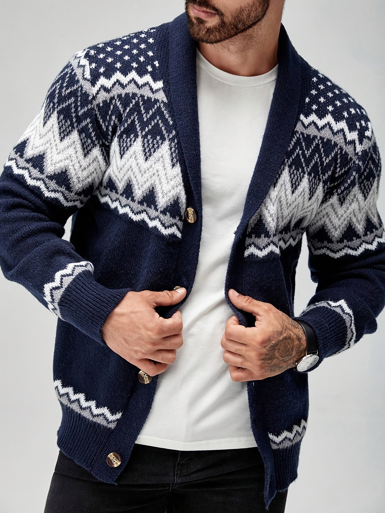 Men’s Geometric Pattern Cardigan – Button-Up Knit Sweater for Fall & Winter