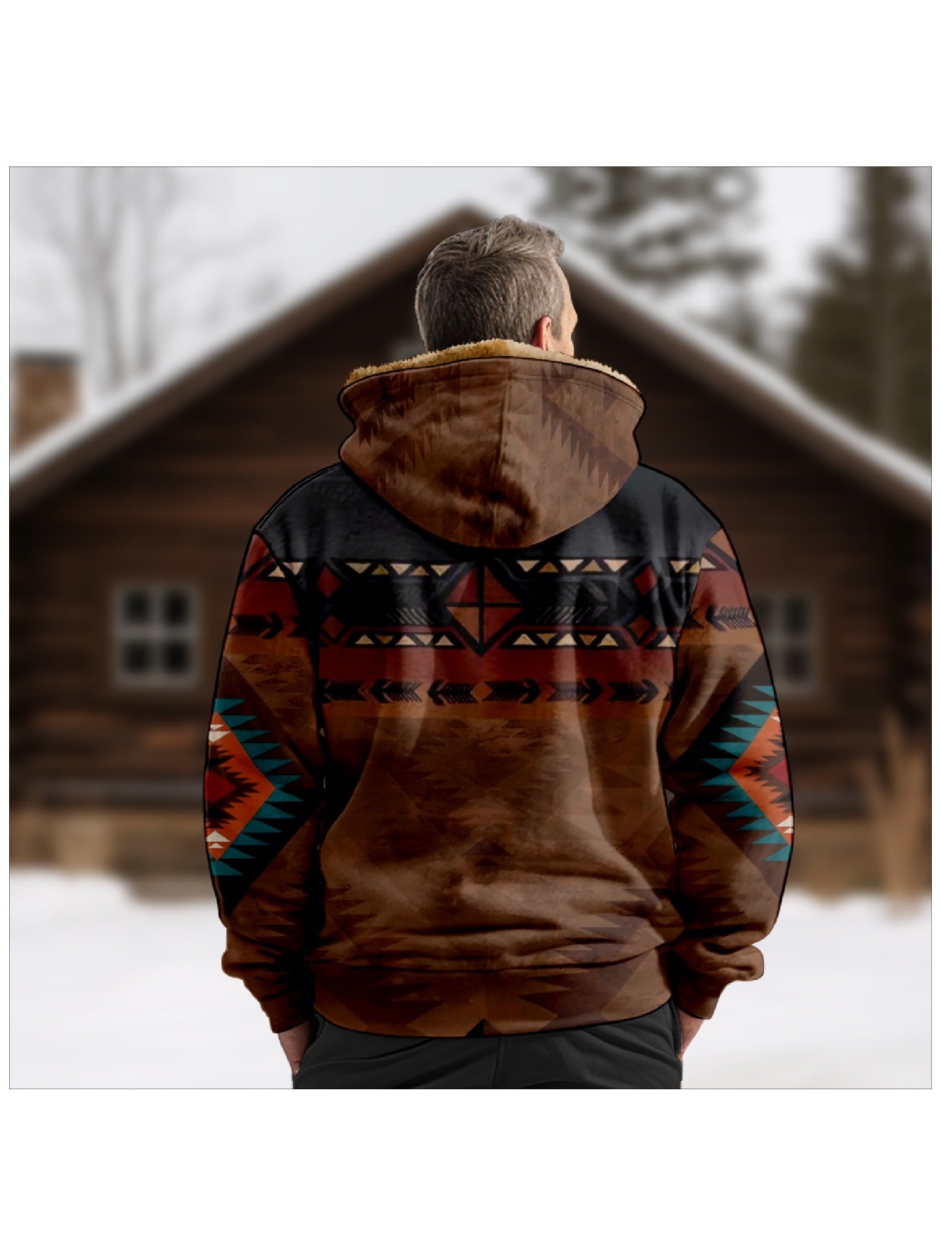 Men’s Bohemian Print Fleece-Lined Hoodie Set – Vintage Ethnic Style Autumn/Winter Outfit