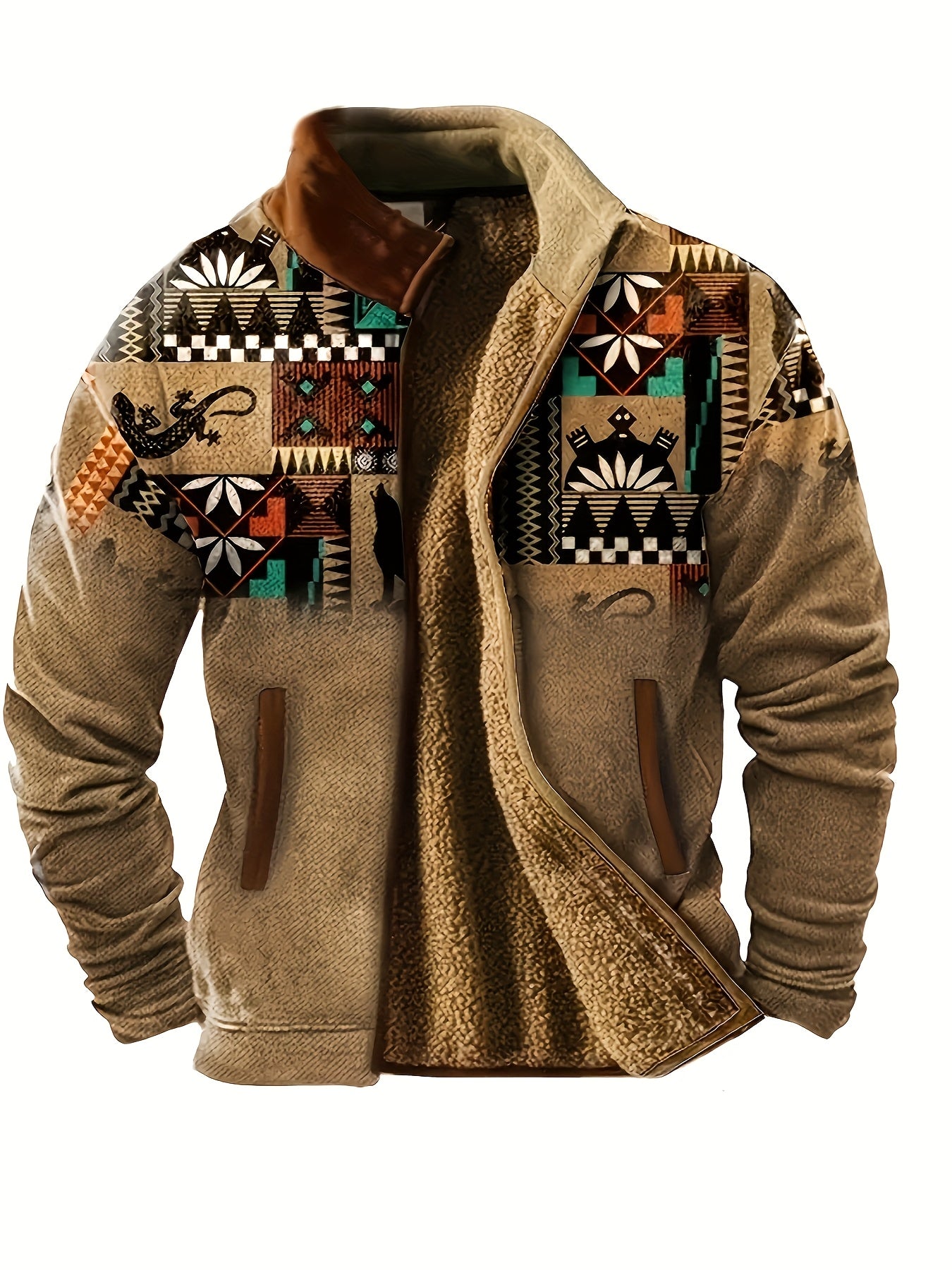 Men’s Southwestern Fleece Jacket – Full-Zip Tribal Print Coat | Warm Winter Outdoor Style