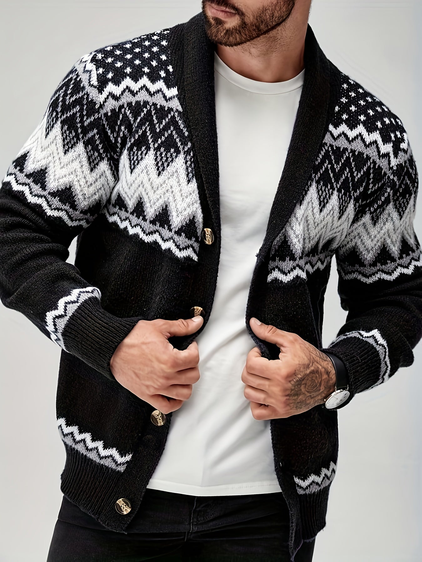 Men’s Geometric Pattern Cardigan – Button-Up Knit Sweater for Fall & Winter