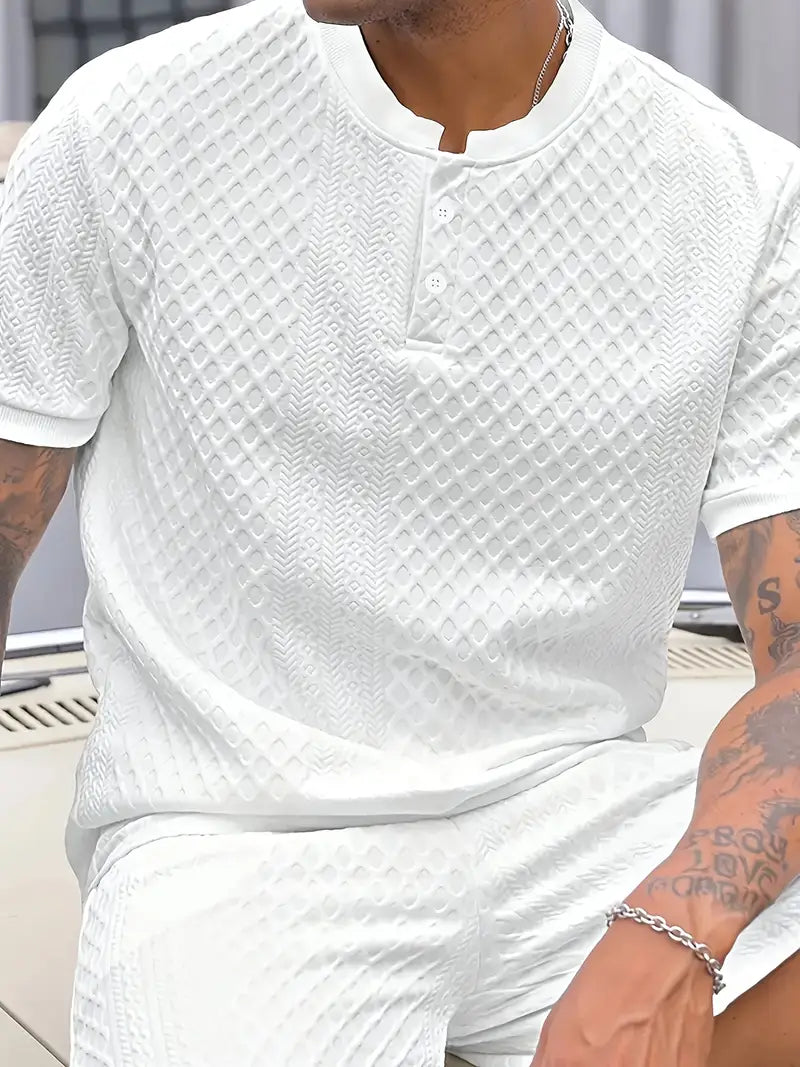 Men’s Stylish Henley T-Shirt – Premium Solid Color with Subtle Pattern Comfort - Solorfit