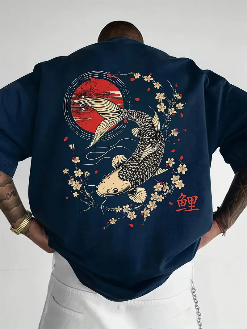 Men's Casual Koi & Cherry Blossom T-Shirt – Loose Fit Summer Top with Glossy Finish