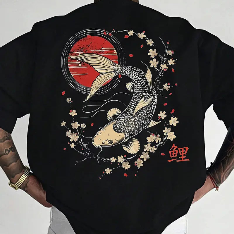 Men's Casual Koi & Cherry Blossom T-Shirt – Loose Fit Summer Top with Glossy Finish