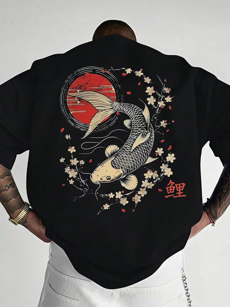 Men's Casual Koi & Cherry Blossom T-Shirt – Loose Fit Summer Top with Glossy Finish