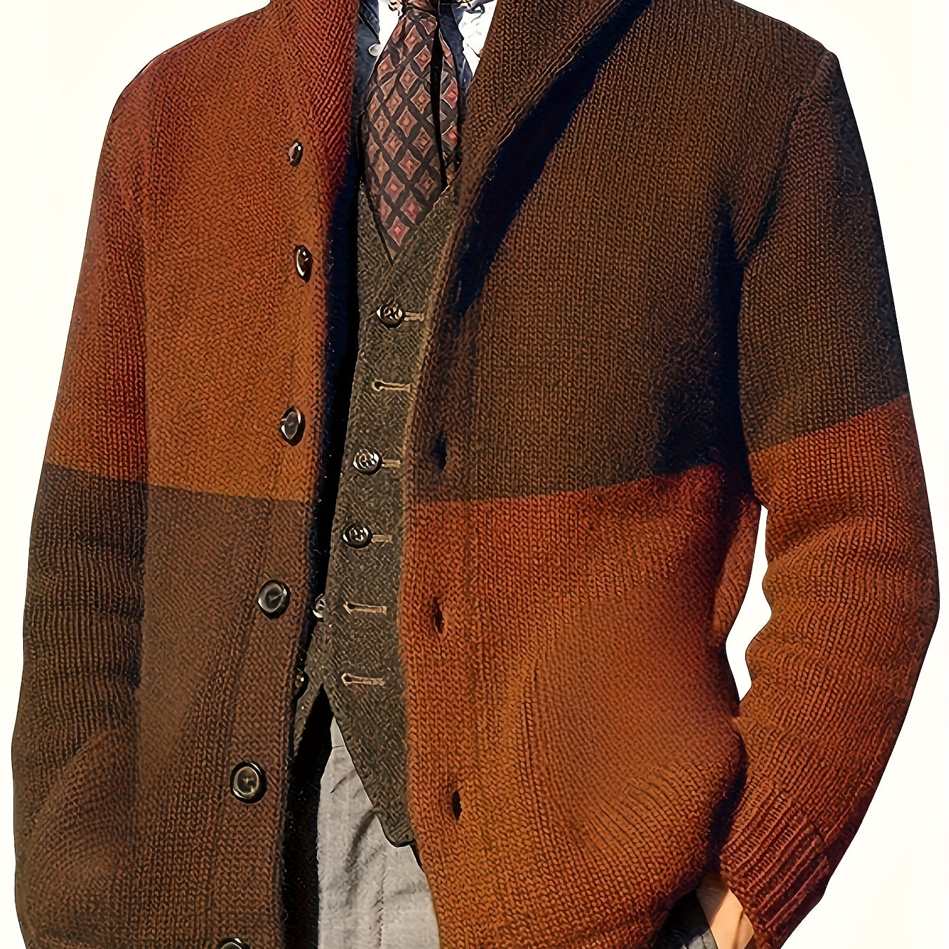 Men’s Thick Warm Cardigan – Block Knit Button-Up Jacket - Solorfit