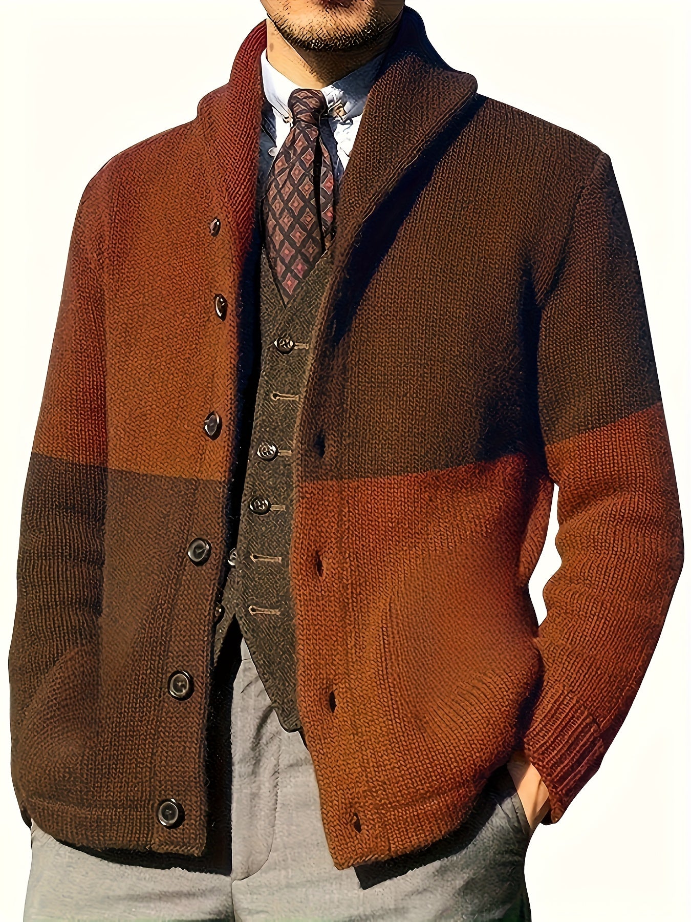 Men’s Thick Warm Cardigan – Block Knit Button-Up Jacket - Solorfit
