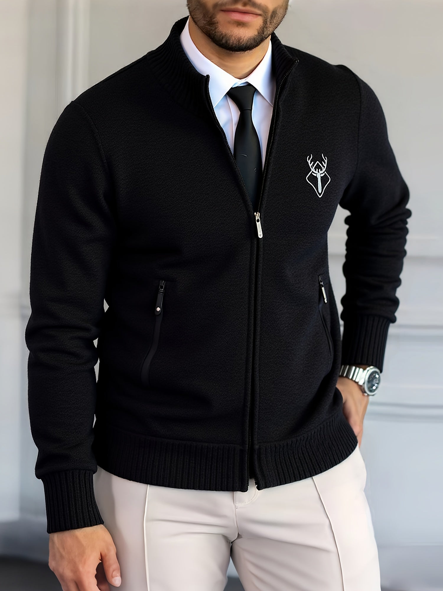 Men Lightweight Zip-Up Cardigan - Stand Collar Sweater Jacket