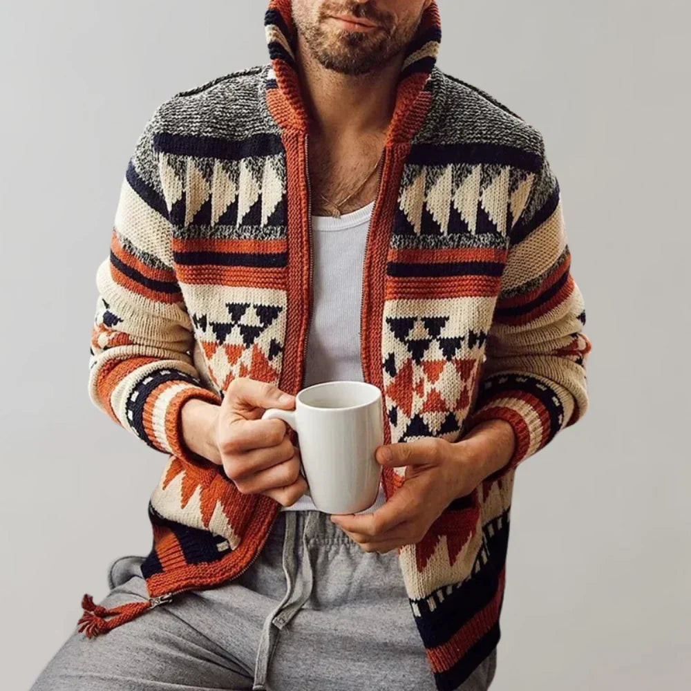 Red Jacquard Zip Cardigan – Statement Knitted Sweater for Men