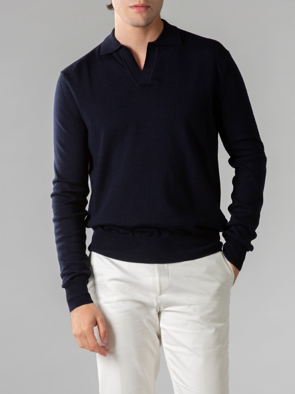 Extrafine Merino Buttonless Polo Sweater Navy