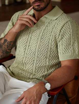 Solorfit | Men's Solid Color Casual Knit Shirt – Short Sleeve Summer Crochet-Inspired Top for Everyday Wear - Solorfit
