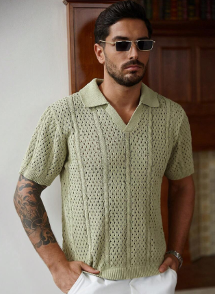 Solorfit | Men's Solid Color Casual Knit Shirt – Short Sleeve Summer Crochet-Inspired Top for Everyday Wear - Solorfit