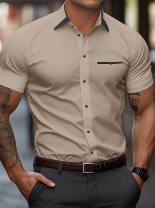 Solorfit | Men's Basic Short-Sleeve Shirt – Solid Color with Turn-Down Collar and Button-Up Front