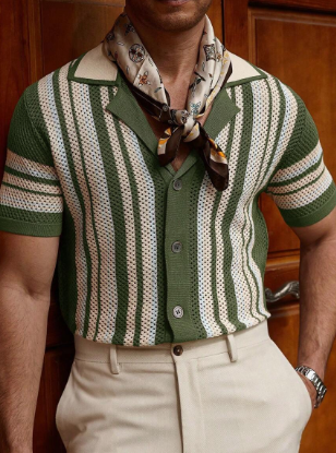 Solorfit | Men's Front Button Short Sleeve Striped Knit Sweater – Casual Beach Vacation Top