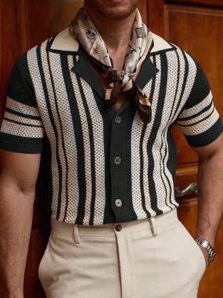 Solorfit | Men's Front Button Short Sleeve Striped Knit Sweater – Casual Beach Vacation Top