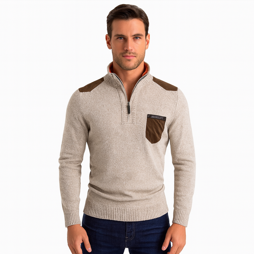 Mauro | Men’s Quarter-Zip Sweater with Suede Shoulder Patches – Casual & Smart Pullover for Autumn/Winter