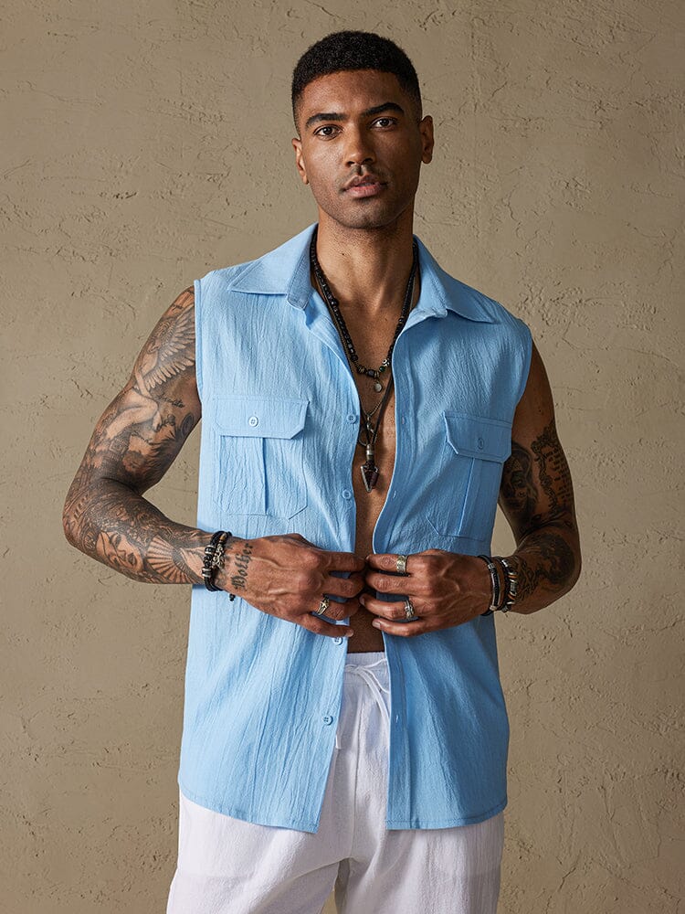 Cotton Linen Sleeveless Button Shirt with Pockets