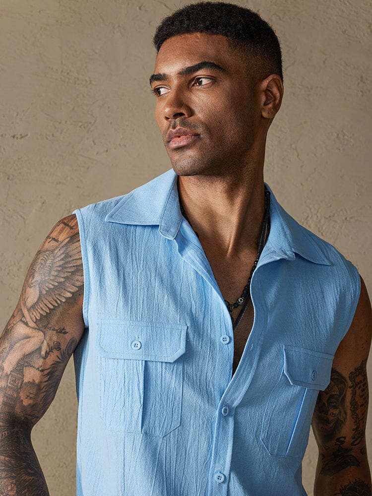 Cotton Linen Sleeveless Button Shirt with Pockets