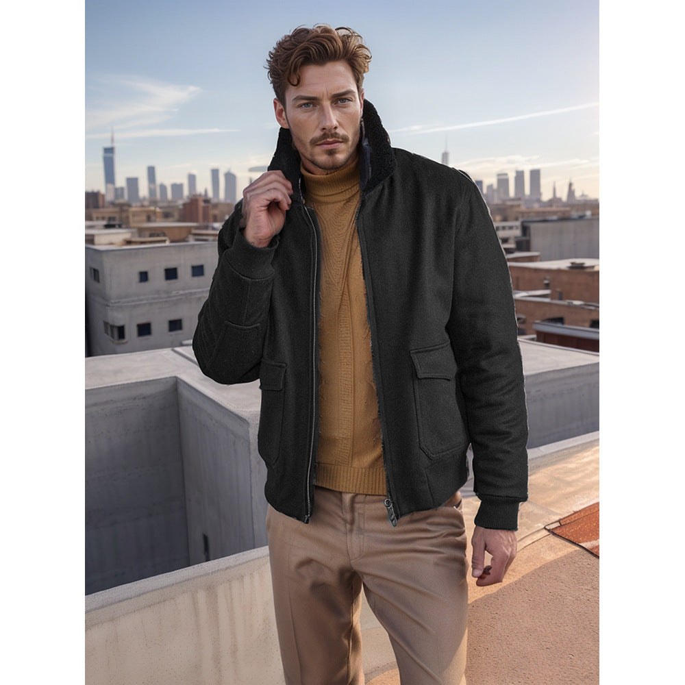 Men’s Autumn Winter Bomber Jacket – Minimalist Solid Color Zip-Up Coat